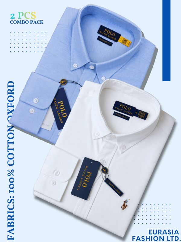 2 Pes Combo - Regular Fit Garment-Dyed Oxford Shirt- Sky Blue / White