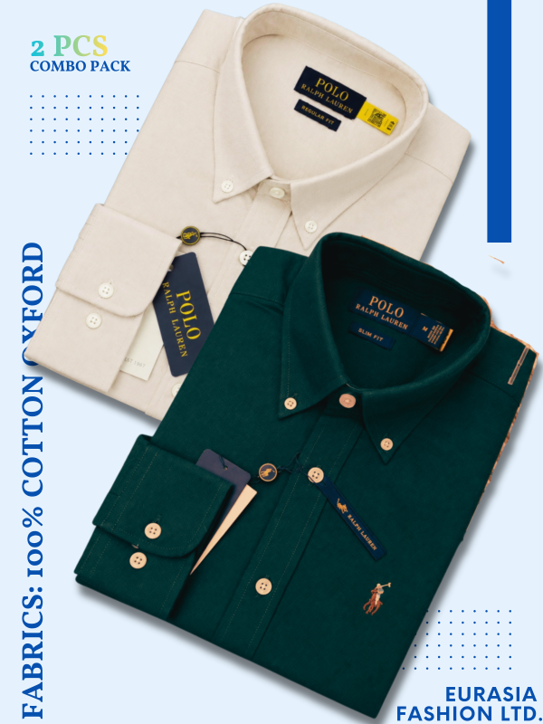 2 Pes Combo - Regular Fit Garment-Dyed Oxford Shirt-Beige/ Green