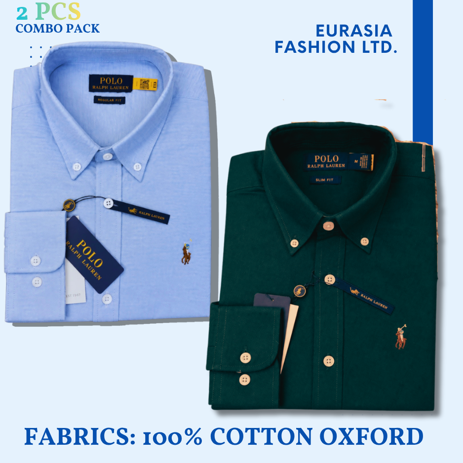 2 Pes Combo - Regular Fit Garment-Dyed Oxford Shirt- Sky Blue / Green