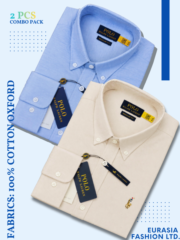 2 Pes Combo - Regular Fit Garment-Dyed Oxford Shirt- Sky Blue / Beige