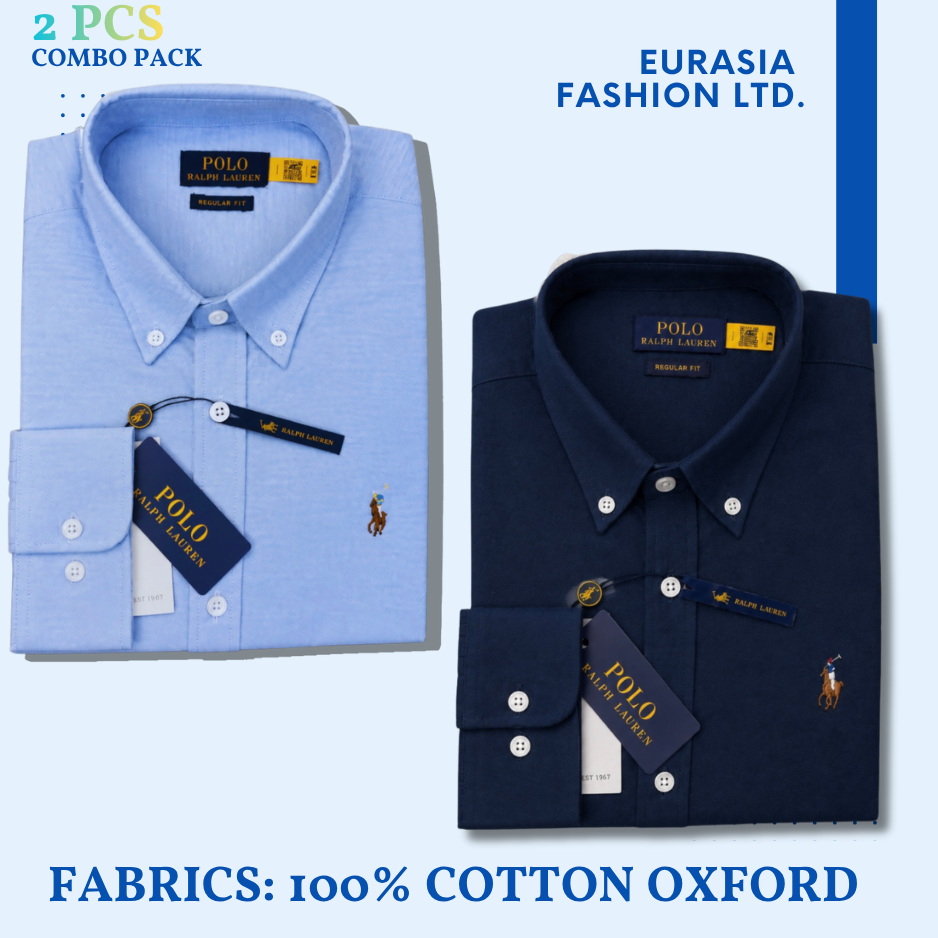 2 Pes Combo - Regular Fit Garment-Dyed Oxford Shirt- Sky Blue / Navy Blue