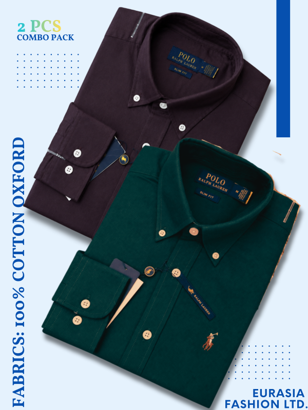2 Pes Combo - Regular Fit Garment-Dyed Oxford Shirt-Maroon/ Green