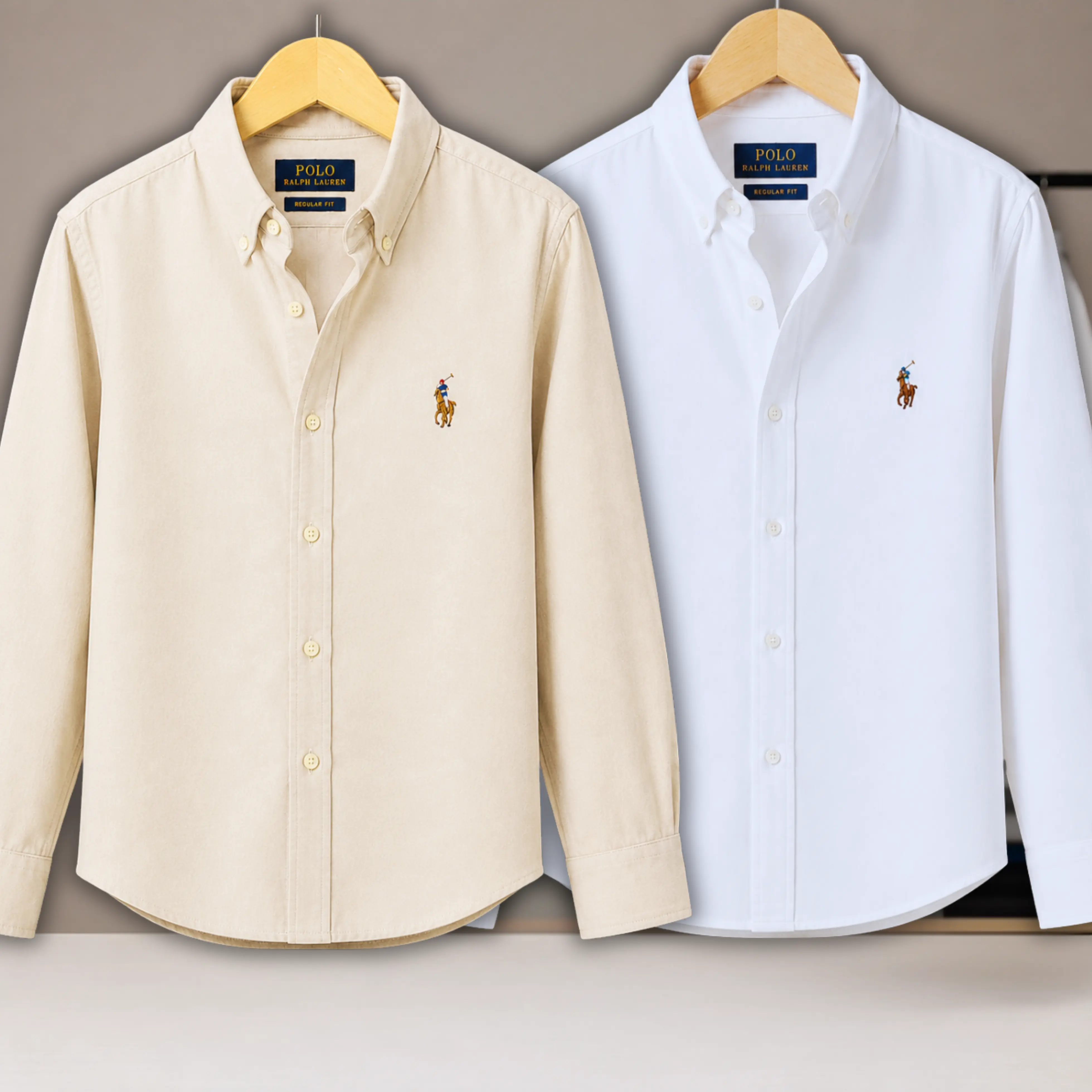 2 Pes Combo - Regular Fit Garment-Dyed Oxford Shirt- White / Beige