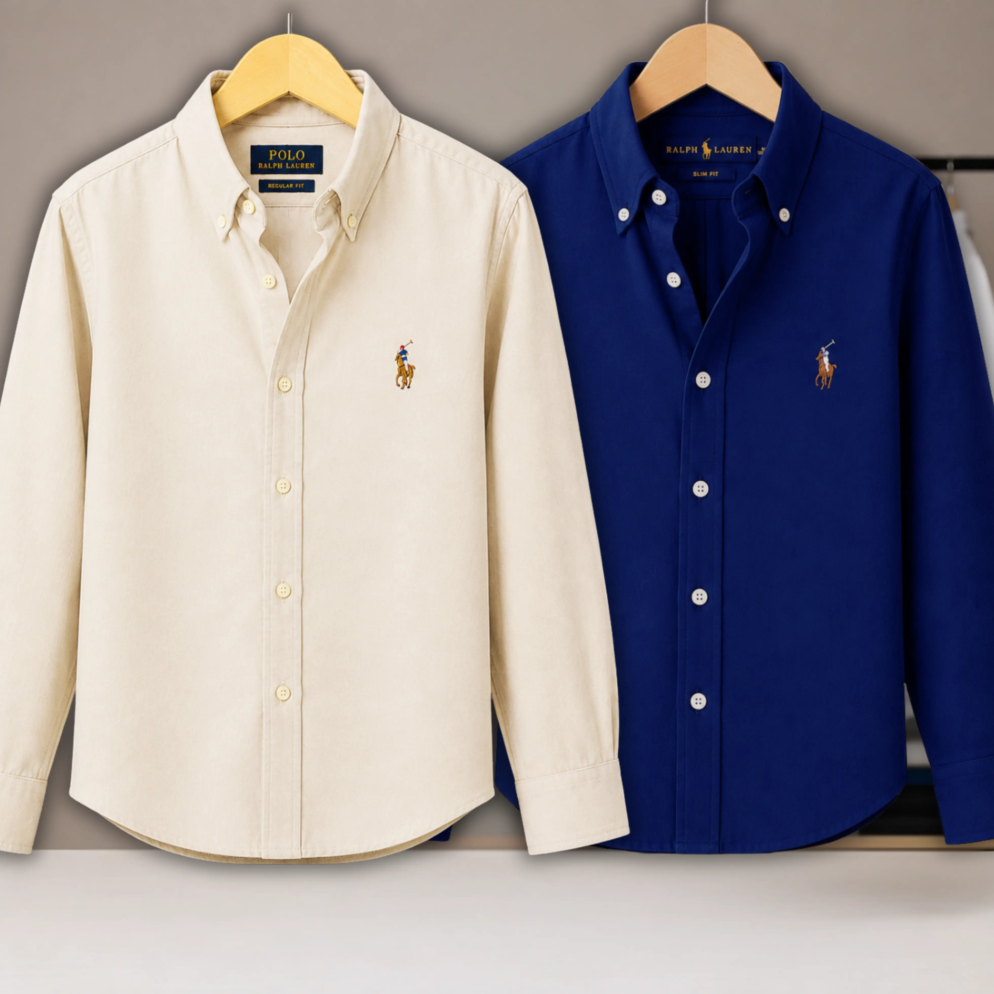 2 Pes Combo - Regular Fit Garment-Dyed Oxford Shirt-Navy Blue / Beige