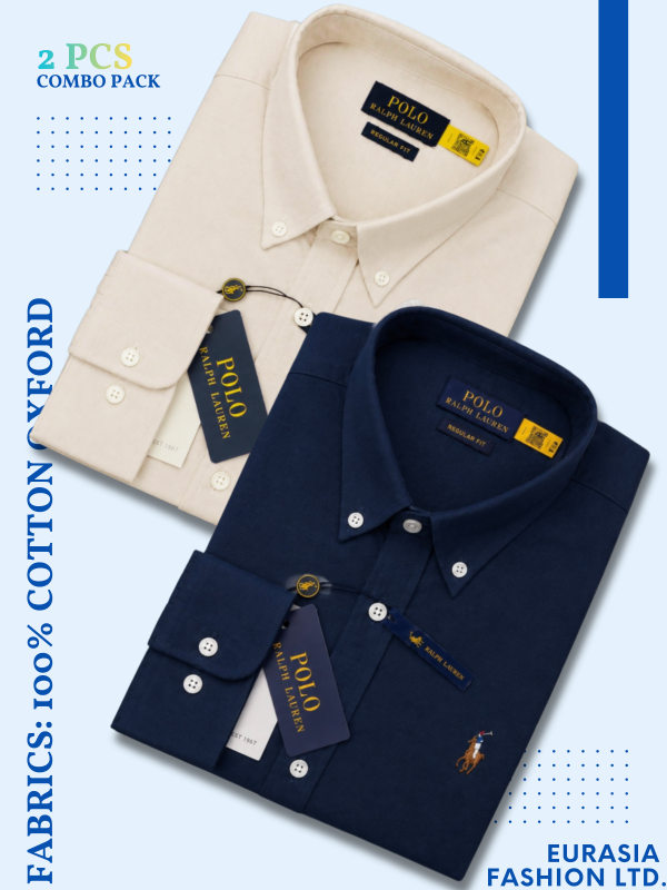 2 Pes Combo - Regular Fit Garment-Dyed Oxford Shirt-Navy Blue / Beige