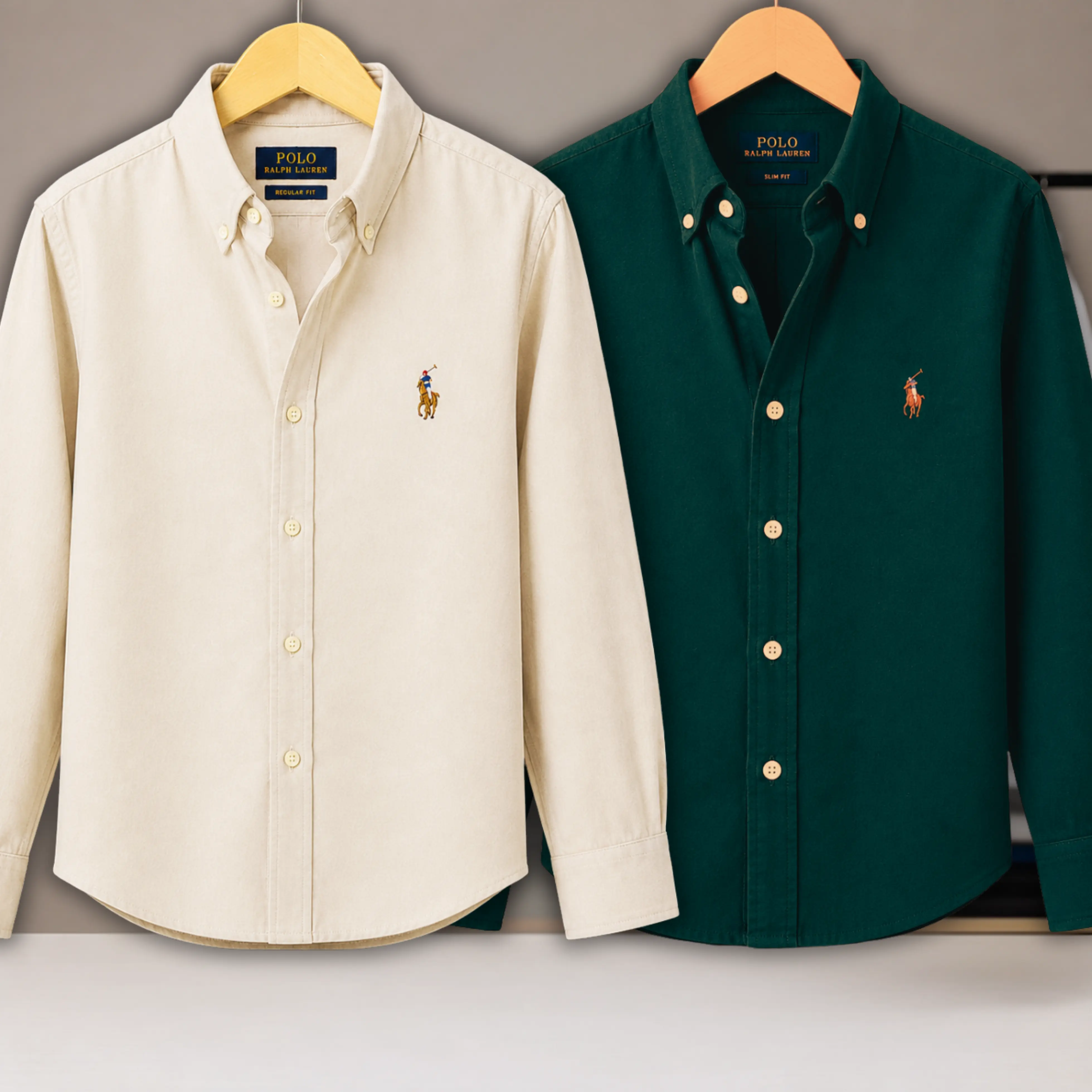 2 Pes Combo - Regular Fit Garment-Dyed Oxford Shirt-Beige/ Green