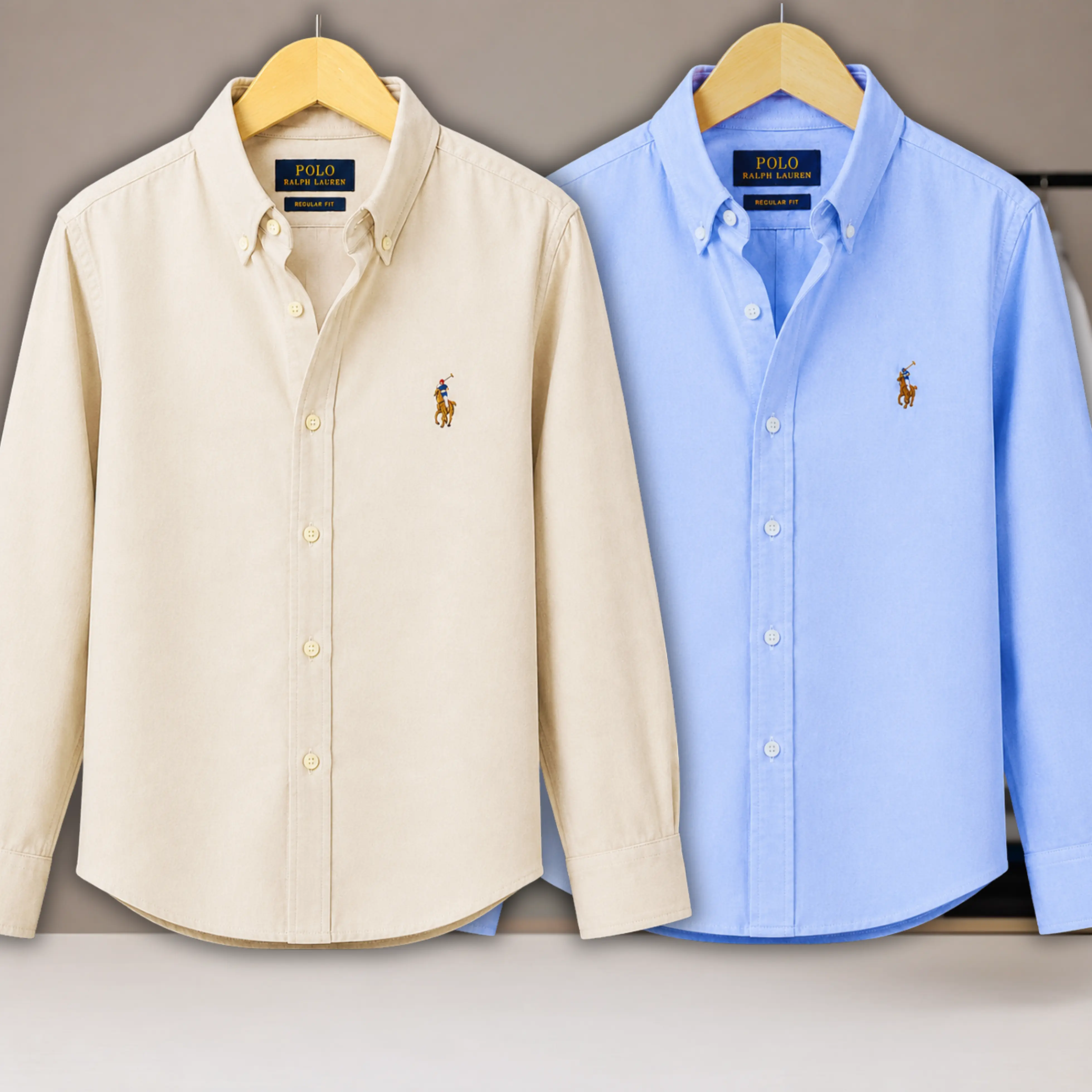 2 Pes Combo - Regular Fit Garment-Dyed Oxford Shirt- Sky Blue / Beige
