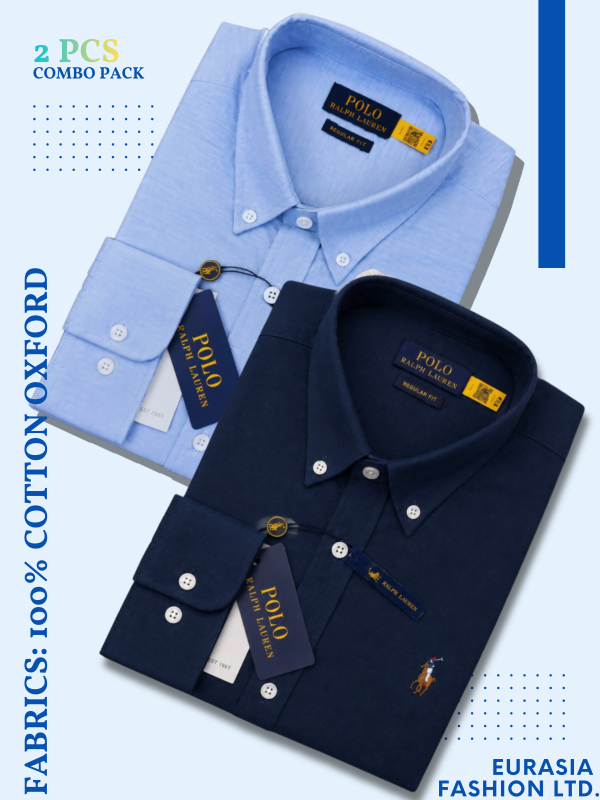 2 Pes Combo - Regular Fit Garment-Dyed Oxford Shirt- Sky Blue / Navy Blue