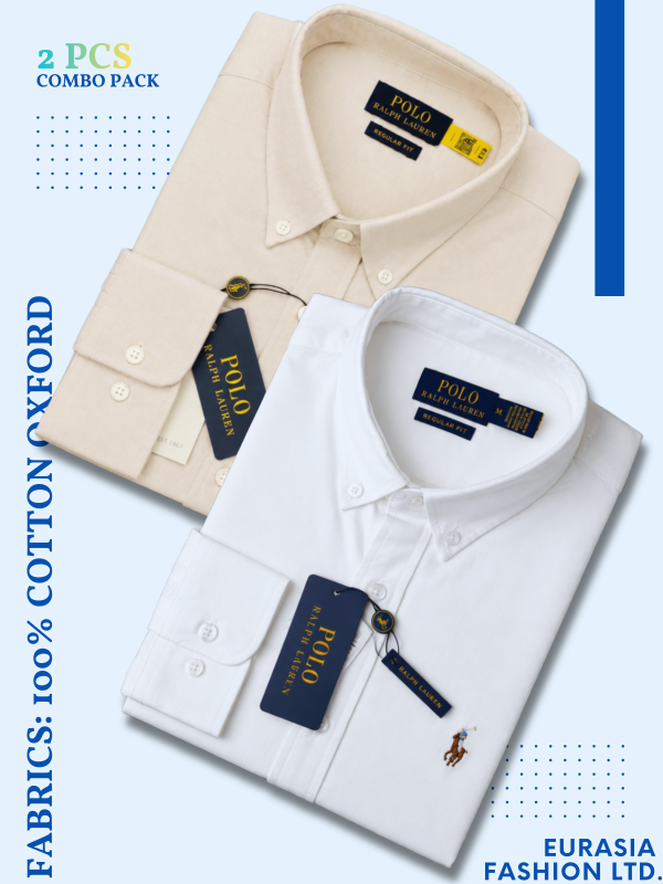 2 Pes Combo - Regular Fit Garment-Dyed Oxford Shirt- White / Beige