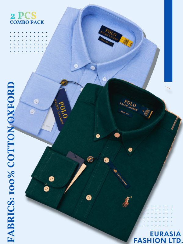 2 Pes Combo - Regular Fit Garment-Dyed Oxford Shirt- Sky Blue / Green