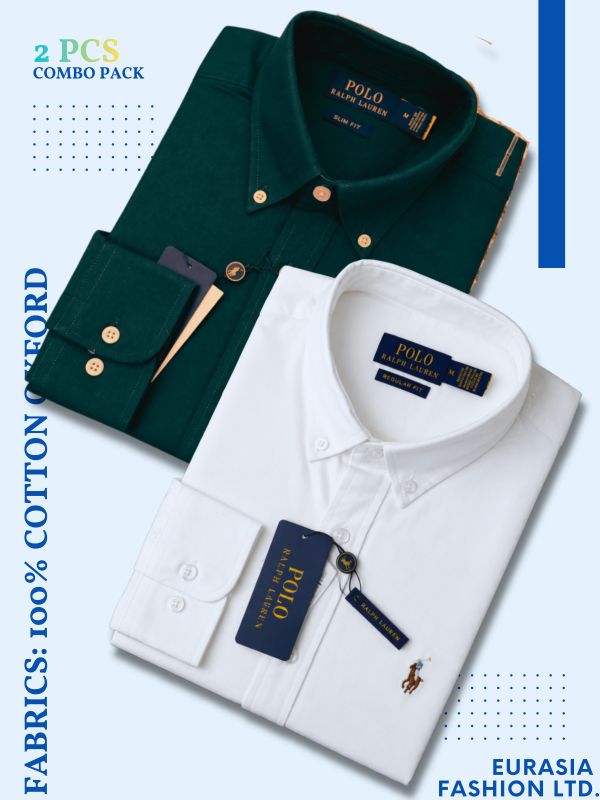 2 Pes Combo - Regular Fit Garment-Dyed Oxford Shirt- White / Green