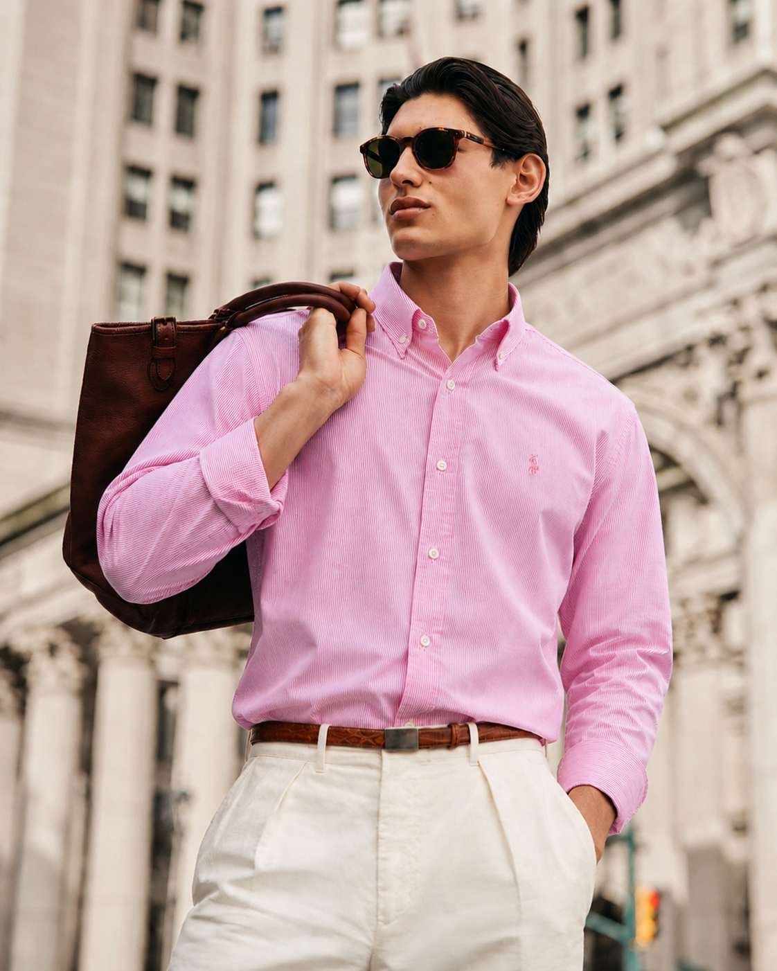 Custom Fit Striped Stretch Poplin Shirt (Colour: Carmel Pink/White)
