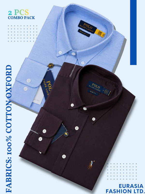 2 Pes Combo - Regular Fit Garment-Dyed Oxford Shirt- Sky Blue / Maroon