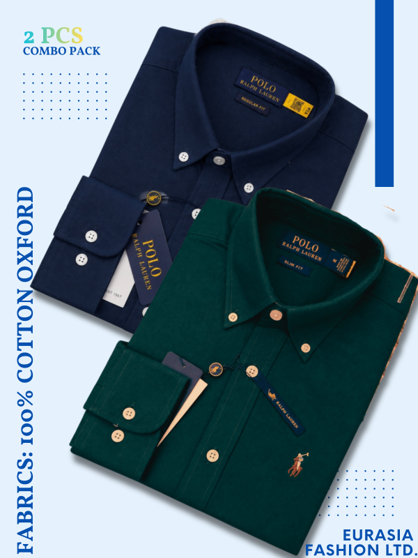 2 Pes Combo - Regular Fit Garment-Dyed Oxford Shirt-Navy Blue / Green