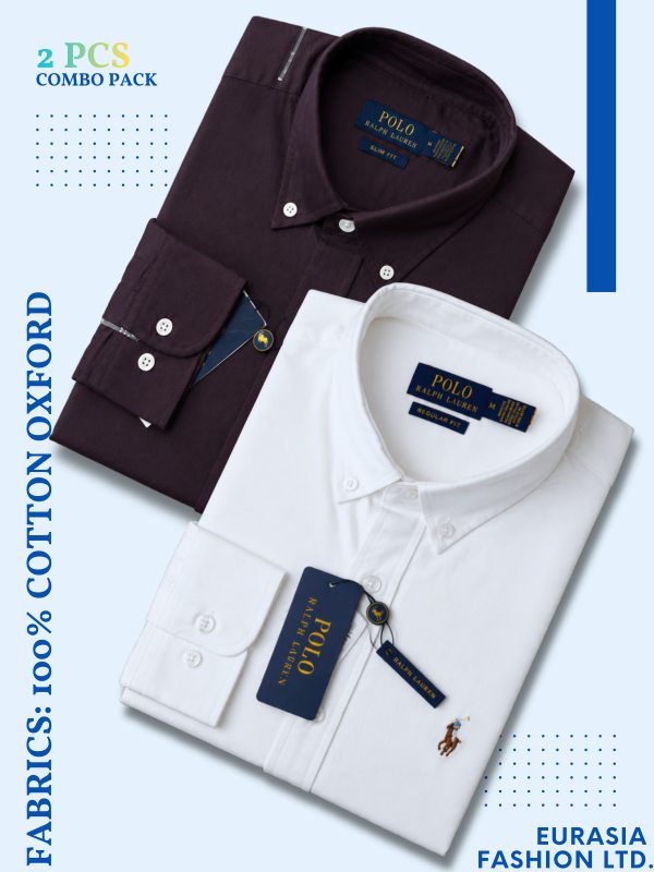 2 Pes Combo - Regular Fit Garment-Dyed Oxford Shirt-White / Maroon