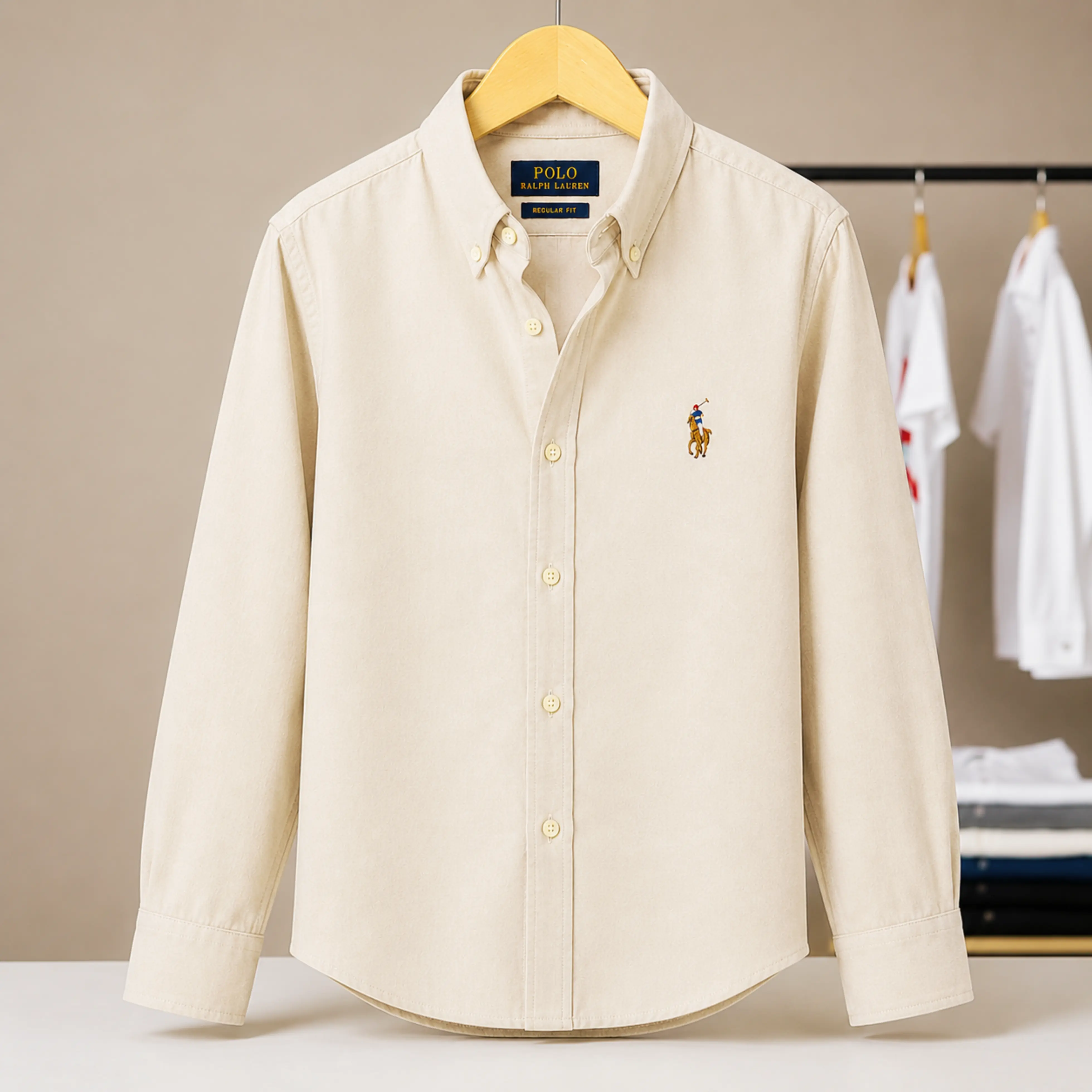 Regular Fit Garment-Dyed Oxford Shirt-Beige