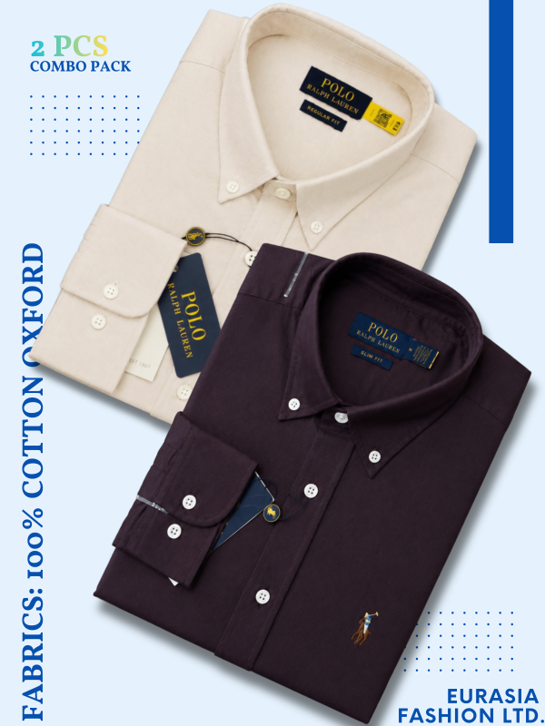 2 Pes Combo - Regular Fit Garment-Dyed Oxford Shirt-Maroon / Beige