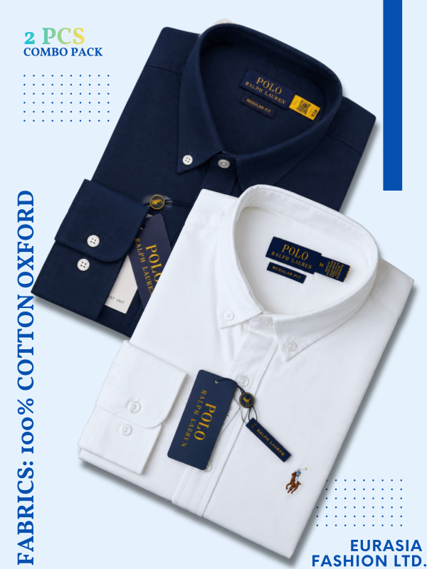 2 Pes Combo - Regular Fit Garment-Dyed Oxford Shirt- White / Navy Blue