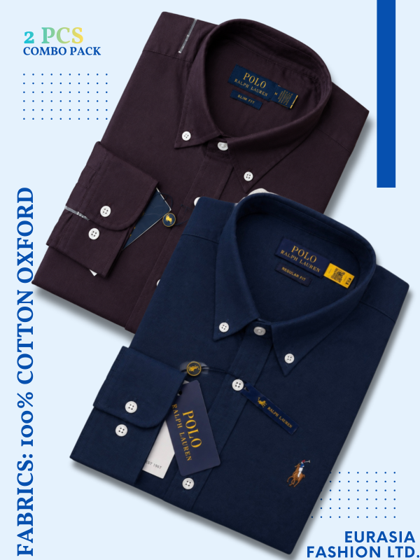 2 Pes Combo - Regular Fit Garment-Dyed Oxford Shirt-Maroon/ Navy Blue