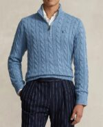 Polo Ralph Lauren Cable-Knit Cotton Quarter-Zip Sweater – Sky Blue