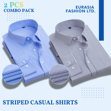 2 Pes Combo Mens Dress Shirts Long Sleeves Formal Business No Iron Striped Casual Shirts Top -Sky Blue Stripe & Ash Stripe.