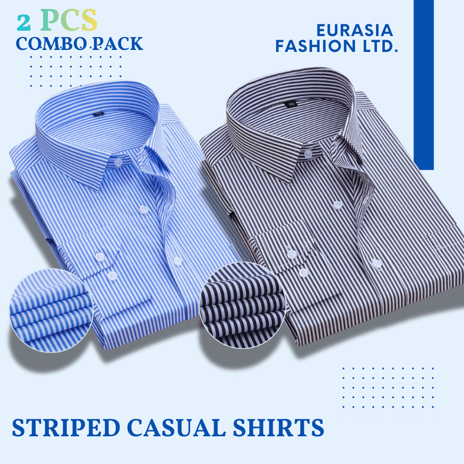 Striped Casual Shirts (4) 2 Pes Combo Mens Dress Shirts Long Sleeves Formal Business No Iron Striped Casual Shirts Top -Sky Blue Stripe & Black Stripe. - Image 1