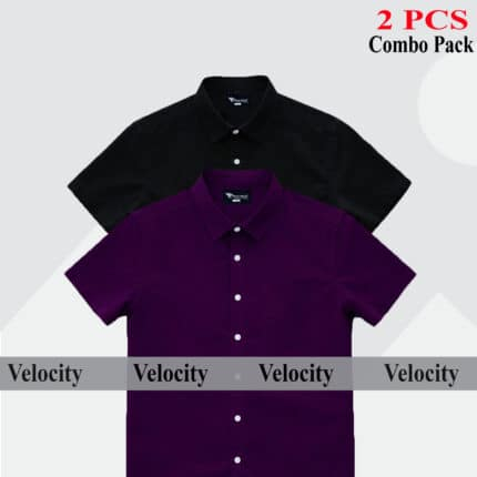 Premium Quality 100% Oxford Cotton Fabric Short Sleeve Shirt For Men's - Black & Purple.