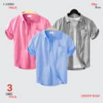 Premium Quality 100% Oxford Cotton Fabric Short Sleeve Shirt For Men's -Ash, Sky blue & Pink